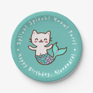 Assiettes En Carton Chat Mermaid Blue Girl Anniversaire Purrmaid Meowm
