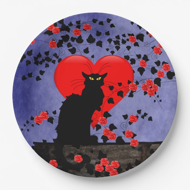 Assiettes En Carton Chat Noir avec Roses Rouges (Devant)