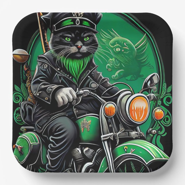 Assiettes En Carton Chat noir conduite vélo St. Patrick's Day (Recto)