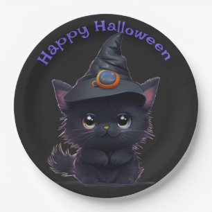 Assiettes En Carton Chat noir d'Halloween blanc mignon