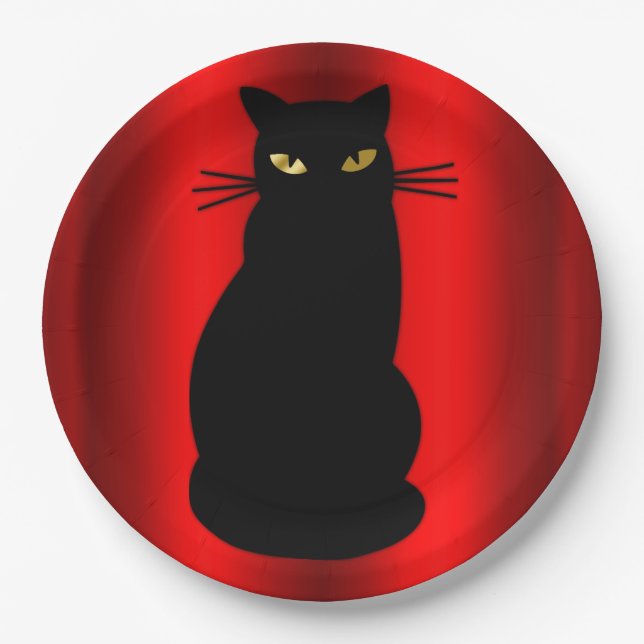Assiettes En Carton Chat noir d'Halloween déplaisant en rouge (Devant)