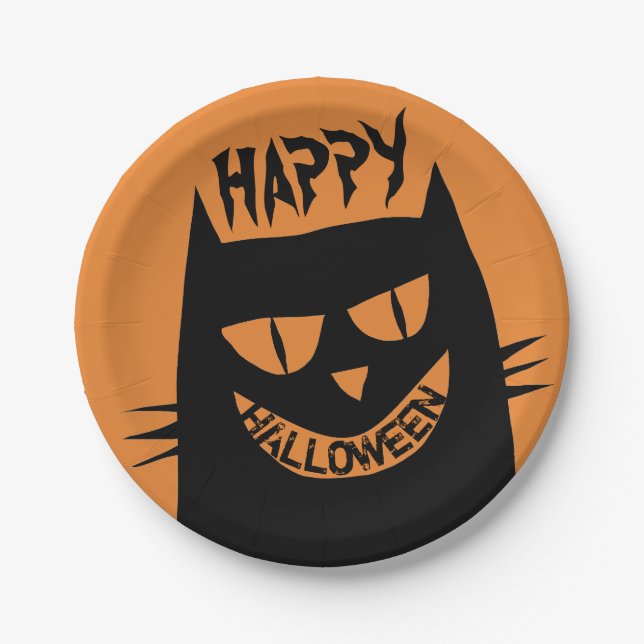 Assiettes En Carton Chat noir d'Halloween déplaisant sur Orange (Devant)