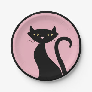 Assiettes En Carton Chat noir en rose