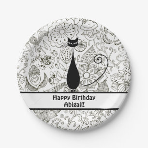Assiettes En Carton Chat noir et blanc personnalisé Joyeux anniversair