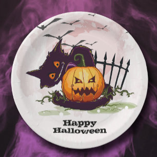 Assiettes En Carton Chat noir et Jack o' Lantern Halloween