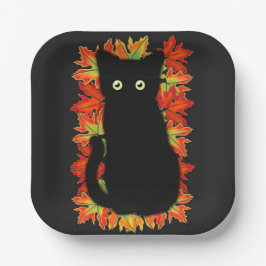 Assiettes En Carton Chat noir, Feuilles d'automne motif, Halloween amu