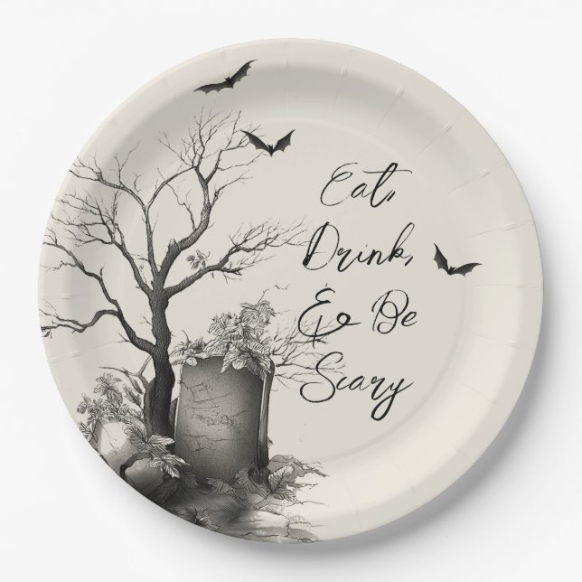 Assiettes En Carton Chat noir gothique Halloween Éffrayant (Devant)