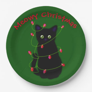 Assiettes En Carton chat noir   Meowy Christmas   lumières scintillant
