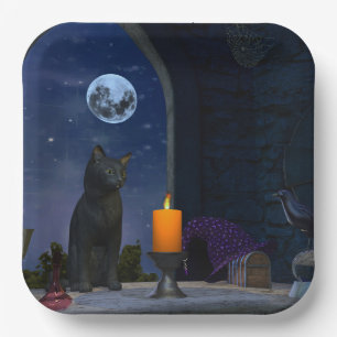 Assiettes En Carton Chat noir mignon à la chandelle