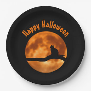 Assiettes En Carton Chat noir Orange Lune Joyeux Halloween