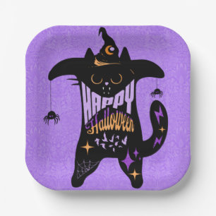 Assiettes En Carton Chat noir rétro drôle Halloween  
