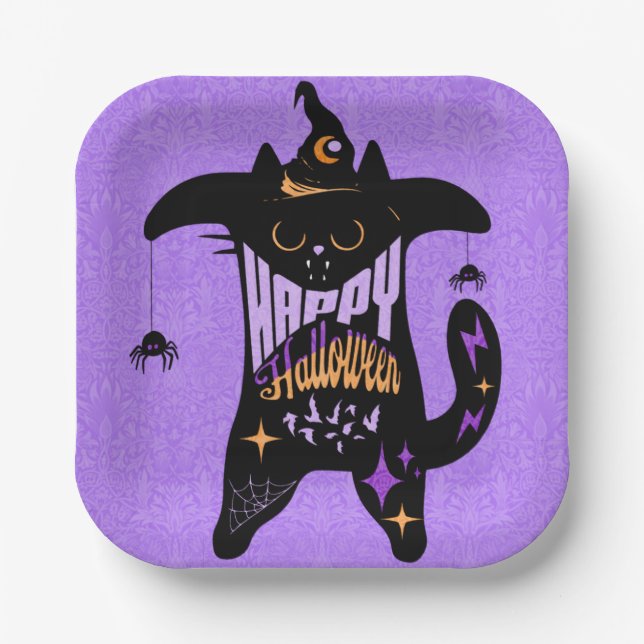 Assiettes En Carton Chat noir rétro drôle Halloween   (Recto)