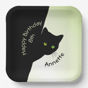 Assiettes En Carton Chat noir Sly Joyeux Anniversaire Année et nom
