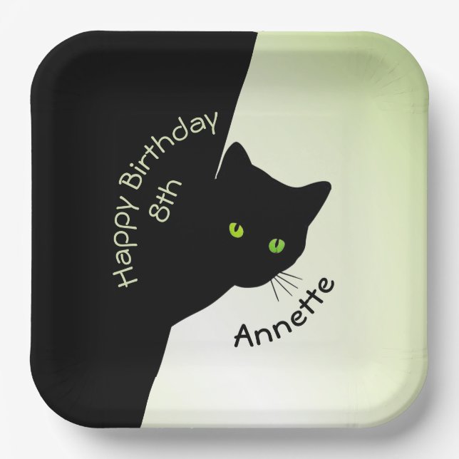 Assiettes En Carton Chat noir Sly Joyeux Anniversaire Année et nom (Recto)