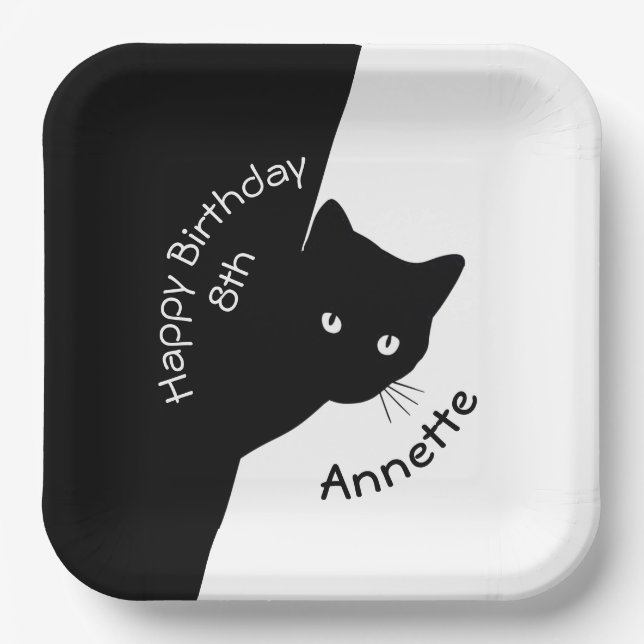 Assiettes En Carton Chat noir Sly Joyeux Anniversaire Année et nom (Recto)