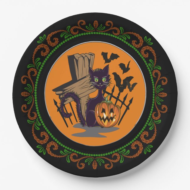 Assiettes En Carton Chat noir vert orange Chat Tombstone Chats Hallowe (Devant)