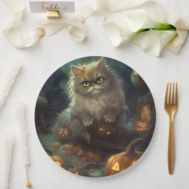 Assiettes En Carton Chat perse d'Halloween avec effroi Citrouille (Mariage)