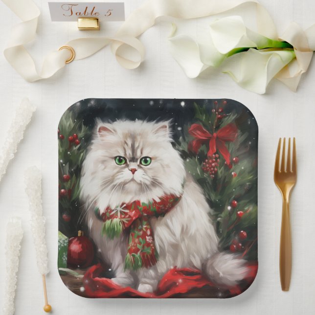 Assiettes En Carton Chat perse en Noël de neige (Mariage)