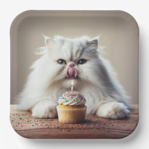Assiettes En Carton Chat perse lèche un gâteau d'anniversaire