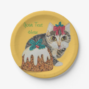 Assiettes En Carton chat tigré gris de chaton mignon léchant Noël d