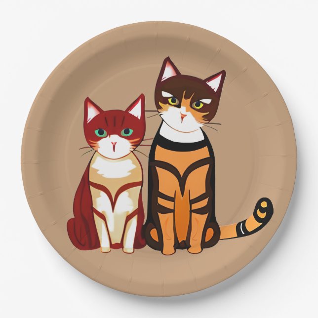 Assiettes En Carton Chat tigre rayé et chaton gingembre (Devant)