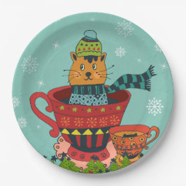 Assiettes En Carton Chat Whimsical assis dans un thé Noël