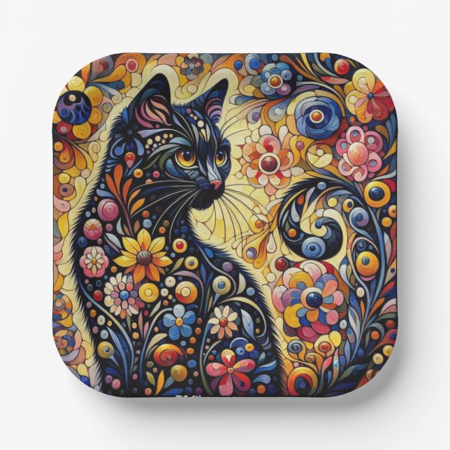 Assiettes En Carton Chat Whimsical Noir Abstrait peinture florale Art (Recto)