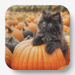 Assiettes En Carton Chaton noir Halloween sur une citrouille