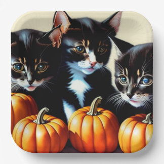Assiettes En Carton Chatons d'automne avec Citrouille
