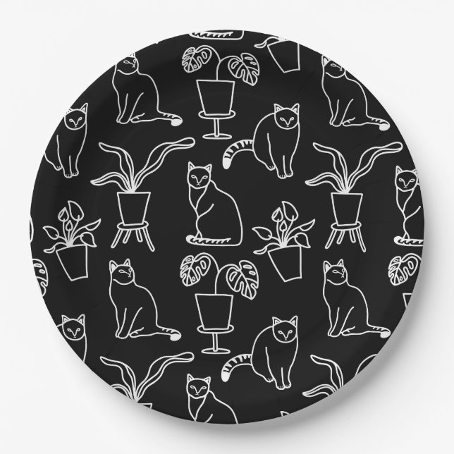 Assiettes En Carton Chats blancs en noir (Devant)