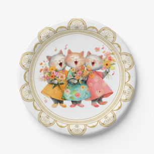 Assiettes En Carton Chats chantants tenant des bouquets