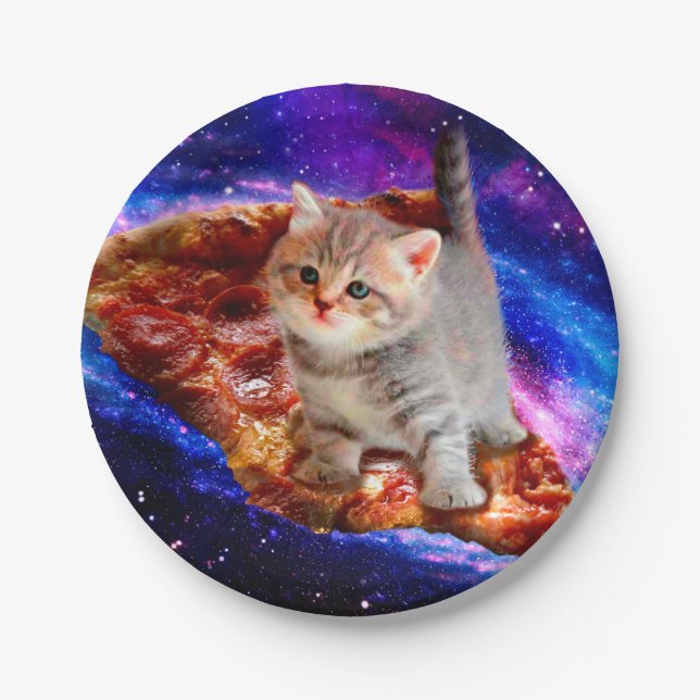 Assiettes En Carton Chats dans la pizza spatiale (Devant)