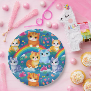 Assiettes En Carton Chats Kitty heureux sur des nuages arc-en-ciel