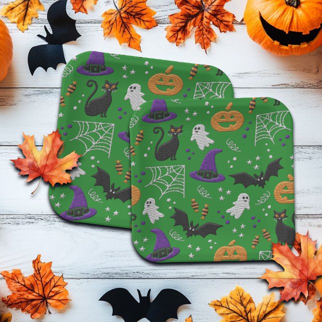 Assiettes En Carton Chats noirs Fantômes chauves-souris Motif vert Hal (Créateur téléchargé)