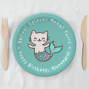 Assiettes En Carton Chatte Sirène Fille Bleue Anniversaire Purrmaid Me