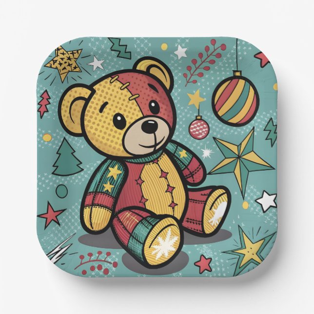 Assiettes En Carton Chaussures de Noël Ours en peluche (Recto)