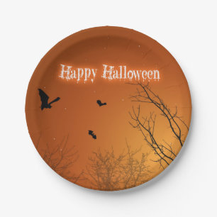 Assiettes En Carton Chauves-souris et arbres d'Halloween