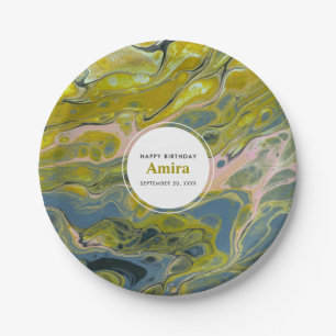 Assiettes En Carton Chaux Boho Artistique Marbre Vert & Bleu Anniversa
