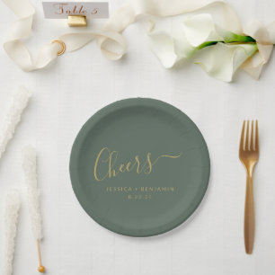 Assiettes En Carton Cheers Minimaliste Vert Sauge Foncé Or Mariage Sur