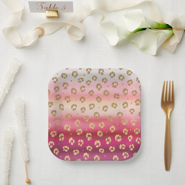 Assiettes En Carton Cheetah Leopard rose et or (Mariage)