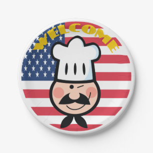 Assiettes En Carton Chef de bienvenue avec drapeau américain