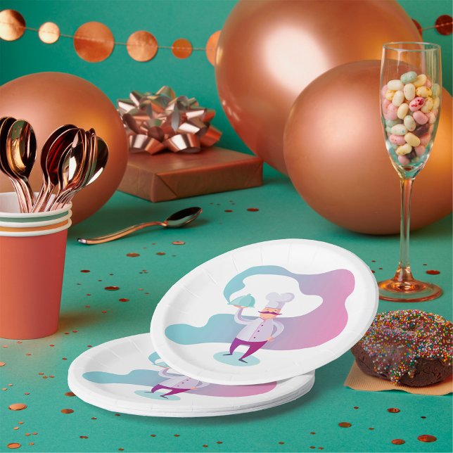Assiettes En Carton Chef souriant avec Moustache et plateau de service (Créateur téléchargé)