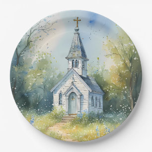 Assiettes En Carton Chemin rustique d'église dans une prairie de fleur