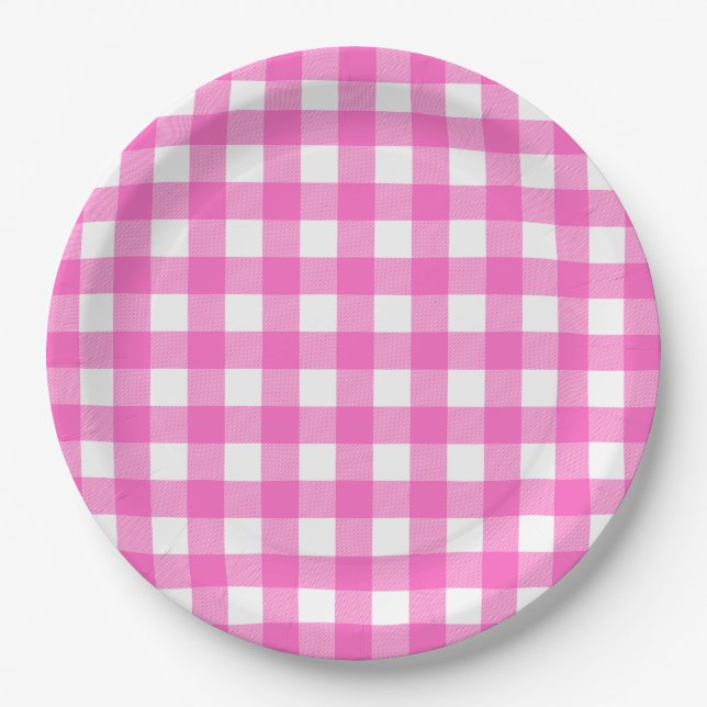 Assiettes En Carton Chèque de bison rose et blanc (Devant)