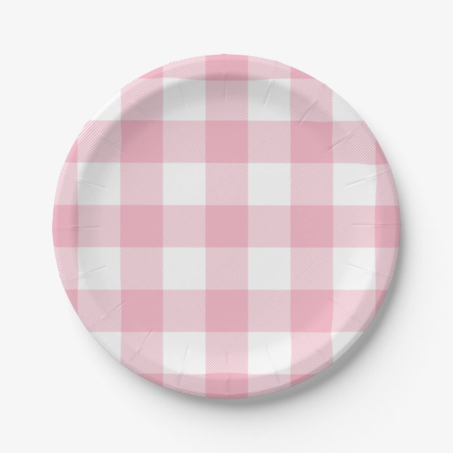 Assiettes En Carton Chèque de bison rose et blanc (Devant)