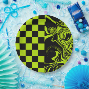 Assiettes En Carton Chèques et permules - Lime vert et noir