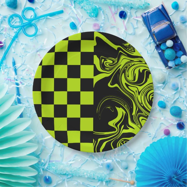 Assiettes En Carton Chèques et permules - Lime vert et noir (Fête)