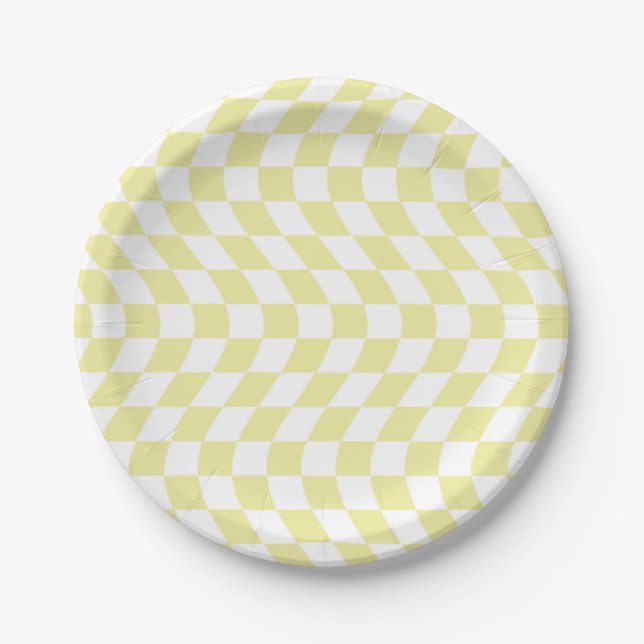 Assiettes En Carton Chèques Jaunes Rétro Wavy Warped Checkerboard (Devant)