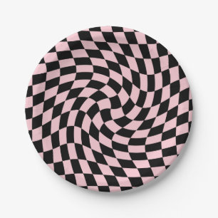 Assiettes En Carton Chèques Retro Pastel Rose Noir Chèques Warped