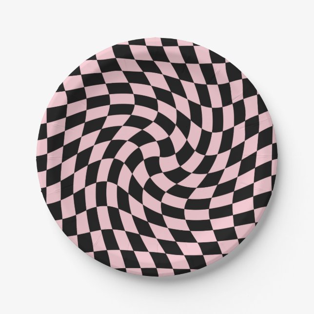 Assiettes En Carton Chèques Retro Pastel Rose Noir Chèques Warped (Devant)